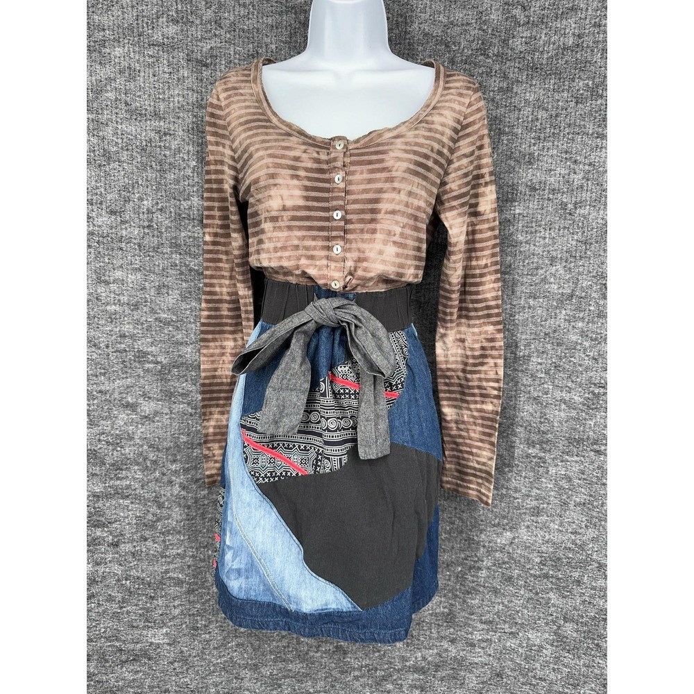 Desigual Boho Patchwork Dress Womens M Multicolor Henley Belted Fit & Flare